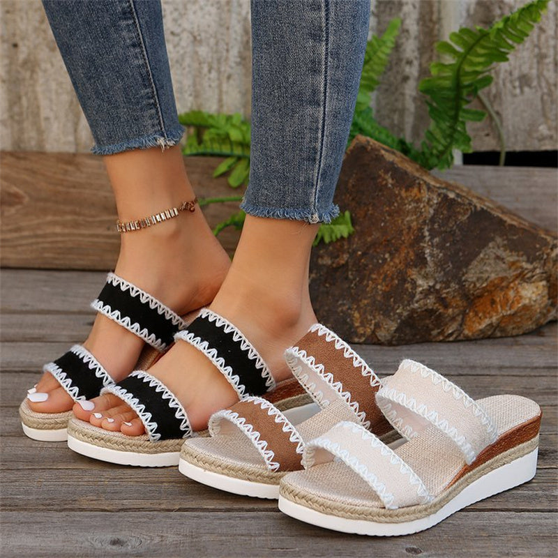 New Hemp Rope Woven Wedge Slippers Summer Ethnic Style Sandals Double Wide Strappy Shoes For Women Overview: Unique design, stylish and beautiful. Good material, comfortable wear. A variety of colors, any choice. Product information: Upper material: suede