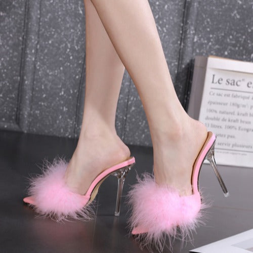 Pointed Toe Feather Stiletto Sandals Product Details: Closing method: one pedal Color classification: Apricot rose red white pink yellow black Pattern: plain Type: high heels Help surface material: PU Size information: Size: 35 36 37 38 39 40 41 Heel heig