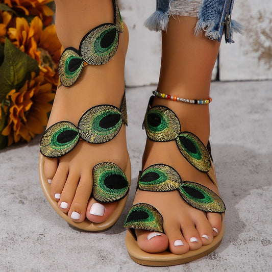 Fashion Peacock Embroidery Pattern Flat Sandals Summer Vacation Casual Clip Toe Beach Shoes For Women Product information: Upper Material:PU Sole Material:Oxford Toe Shape: Round Toe Lining Material: Microfiber Upper Height:Low Upper Style:Hollow Size Inf