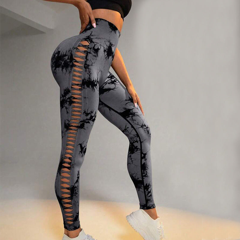 Hollow Tie Dye Printed Yoga Pants High Waist Butt Lift Seamless Sports Gym Fitness Leggings Slim Pants For Women Tight Trousers Overview: Unique design, stylish and beautiful. Good material, comfortable wear. A variety of colors, any choice. Product infor