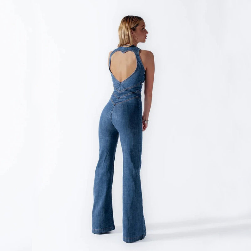 Summer Slim Heart-shape Backless Denim Jumpsuit Women Halter Neck Zip Up High Waist Panst Retro Style Clothing Overview: Unique design, stylish and beautiful. Good material, comfortable wear. A variety of colors, any choice. Product information: Size: S,M