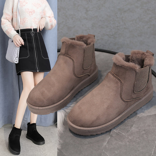 Fleece-lined Plus Size Short Boots Cotton Shoes Women's Cotton Snow Boots Product information: Pattern: solid color Lining material: Cotton Color: white, black, dark brown Upper height: low top Heel height: flat Length of socks: short tube Heel shape: fla