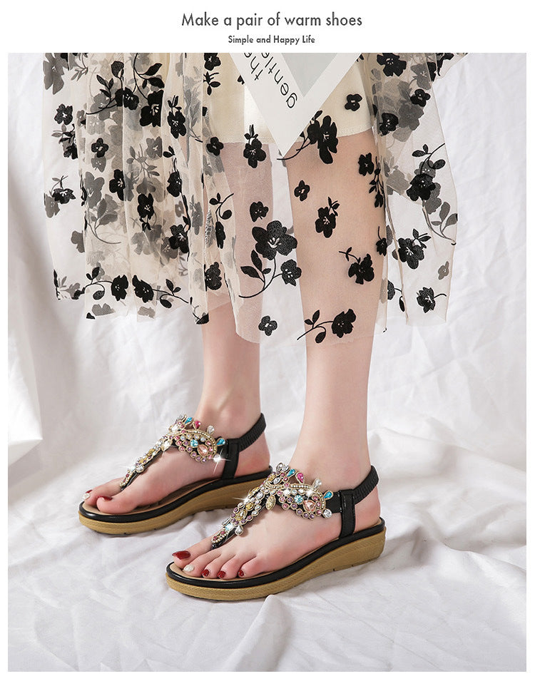 Bohemian L Fashion Rhinestone Flat Sandals Product information: Pattern: Ethnic Lining material: Microfiber Color: black, pink Upper height: low top Processing Method: spot drill Size: 36, 37, 38, 39, 40, 41 Sole craft: viscose shoes Sole material: rubber