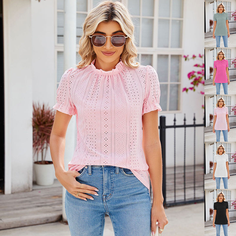 New Fashion Lacework Round Neck Top Summer Puff Sleeves Hollow Design Loose Pleated T-shirt For Womens Clothing Product information: Material:Polyester+Elastane Style:Fashion Simple Features:Solid color Color:picture color Size Information: Note: 1. Asian