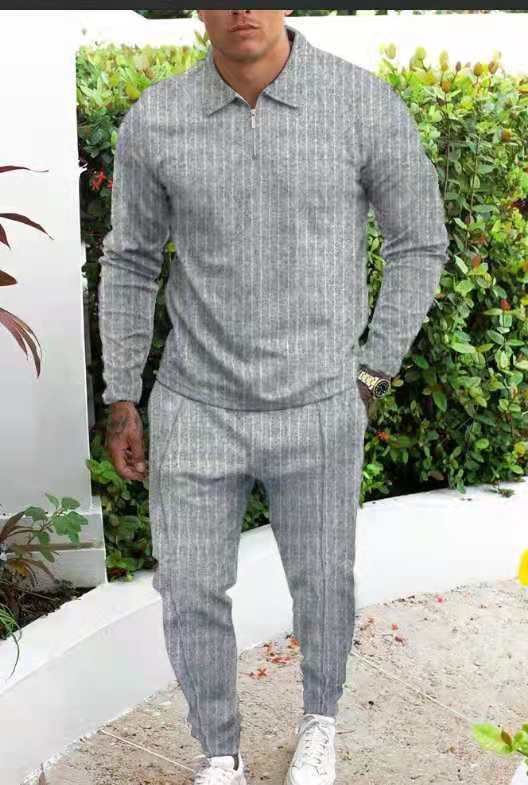 New Slim Trendy Casual Striped Suit Men Product Information: Style: Vintage Thickness: General Length: trousers Top style: T-shirt POLO shirt Top sleeve length: long sleeve Whether hooded: not hooded Fabric name: cotton blended Main fabric composition: po