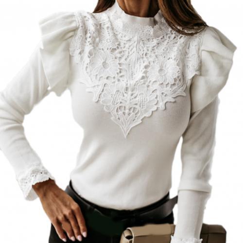 Long Sleeve Ruffle Lace Blouse Introducing our New Women's Fashion Autumn Blouse – a stunning blend of modern style and elegance. This long-sleeved ruffle lace patchwork top features a slim bottom design that flatters your silhouette and adds a touch of s