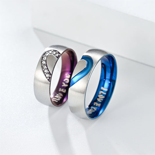 Heart Shape With Diamond Stainless Steel I LOVE YOU Couple Ring Product information: Style: Couple ring Treatment Process: Electroplating Color: blue men's love, purple Women's diamond-embedded Size: no.6, no.7, no.8, no.9, no.10, no.11, no.12 Material: S