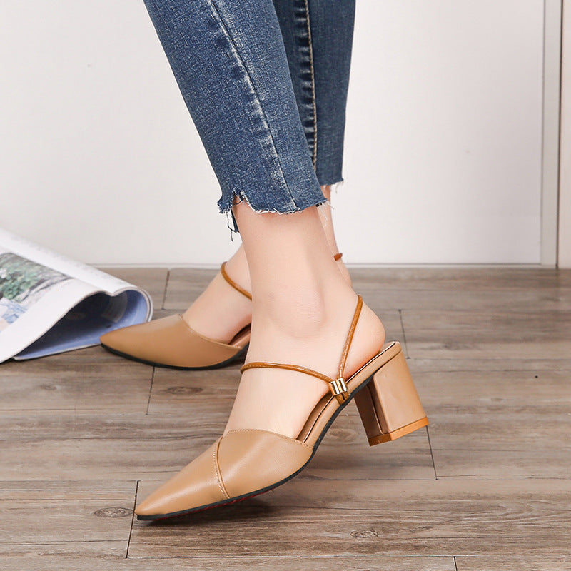 Pointed Toe Two-way Wear With Cool Half Slippers Chunky Heel Sandals Product information: Lining material: PU Color: beige, apricot Upper height: low top Heel height: mid heel (3-5CM) Heel shape: chunky heel Size: 35,36,37,38,39,40,41,42 Sole craft: visco