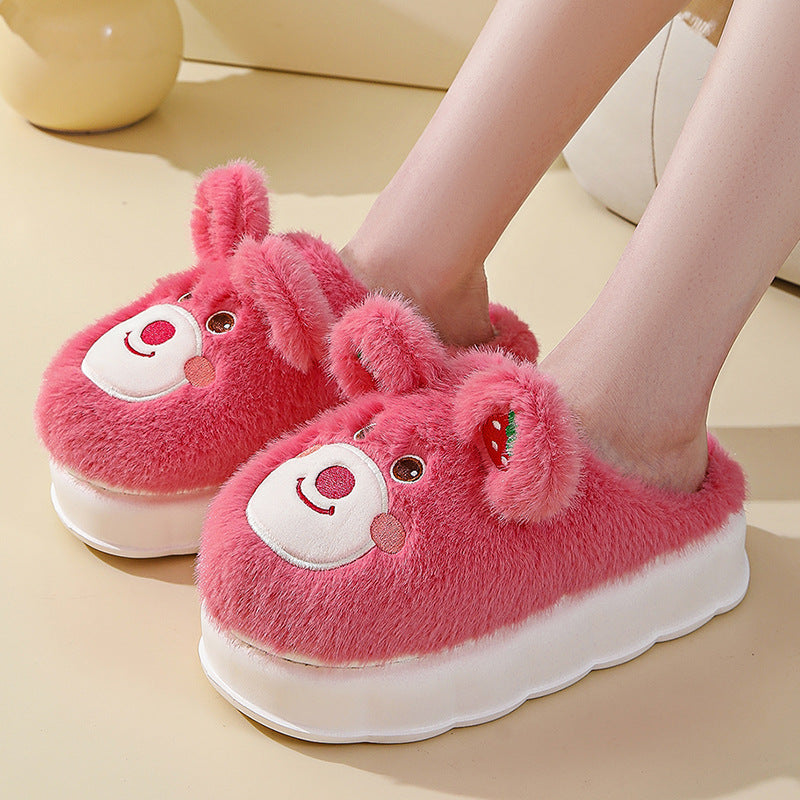 High Heel Cotton Slippers Women's Thick Bottom Cartoon Cute Bear Girl Heart Home Fluffy Slippers Winter Warm Product information: Mode: Cartoon Material lining: Cotton Color: Rose red, pink, white, purple High heels: 4cm Size: 35-36 size, 36-37 size, 37-3