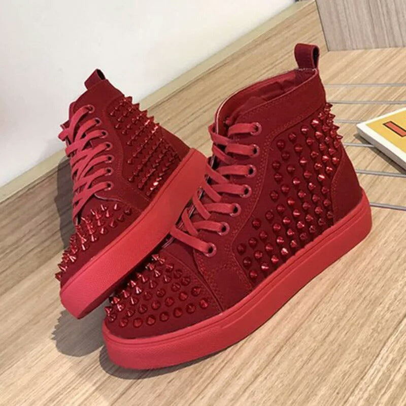 Men's And Women's Thick-soled High-top Rhinestone Rivet Casual Sneakers Product information: Popular elements: metal, rhinestones, sequins, rivets Toe shape: round head Upper material: artificial PU Heel height: low heel (1-3CM) Pattern: solid color Color