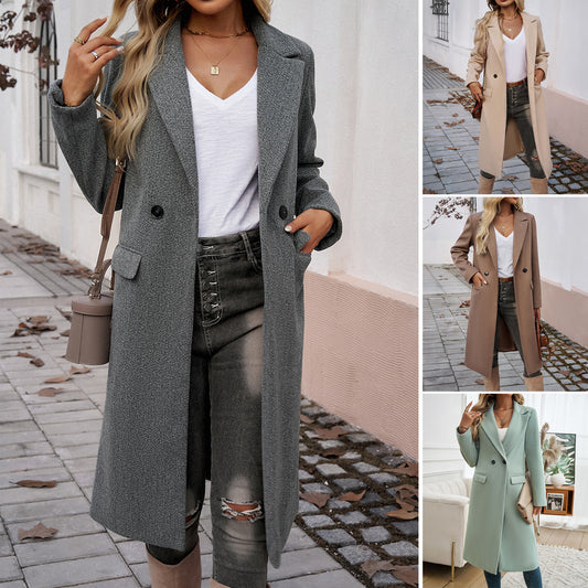 Lady Temperament Commuting Turn-down Collar Coat Product information: Pattern: solid color Color: apricot, Brown, pea green, dark gray Size: S,M,L,XL Style type: temperament commute Popular elements: Pocket Length: lengthened (100cm Applicable Gender: Fem