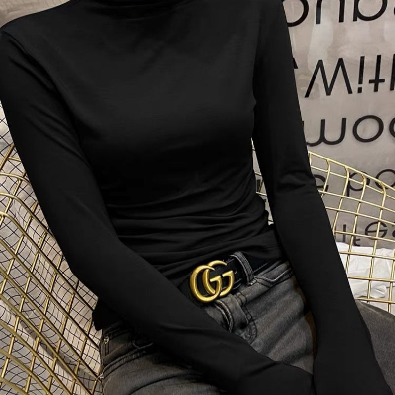 Half Turtleneck Bottoming Shirt Women's Inner Threaded Long Sleeve Cotton Top Product information: Fabric name: Cotton Color: black, green, gray, white, brown, dark yellow, khaki Sleeve type: regular sleeve Elasticity: high elasticity Main fabric composit