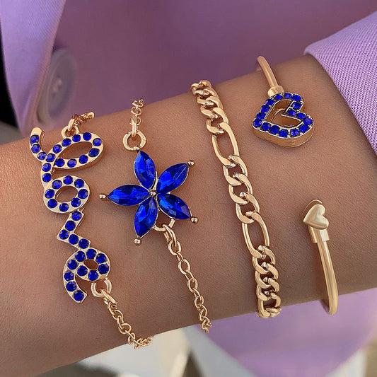 4pcs Blue Flower Love Butterfly Bracelet Set With Rhinestones Design Valentines Day Overview: Unique design, stylish and beautiful. Good material, comfortable wear. A variety of colors, any choice. Product information: Material:Alloy Processing: Electropl