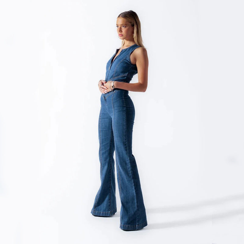 Summer Slim Heart-shape Backless Denim Jumpsuit Women Halter Neck Zip Up High Waist Panst Retro Style Clothing Overview: Unique design, stylish and beautiful. Good material, comfortable wear. A variety of colors, any choice. Product information: Size: S,M