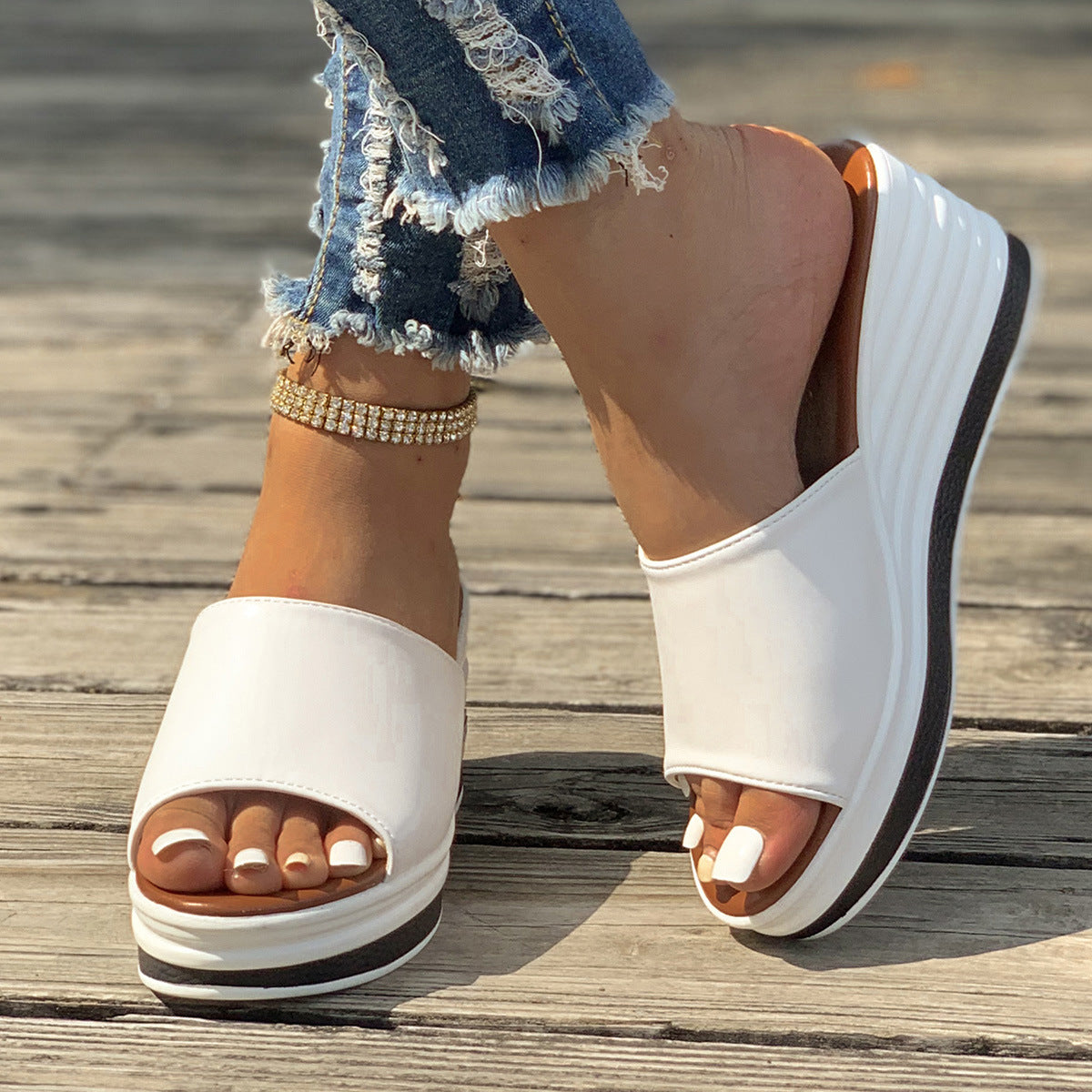 Fish Mouth Wedges Sandals Summer Fashion Hollow Design High Heels Slides Slippers Casual Beach Shoes For Women Product information: Color:white light board,black light board,black hollow,white hollow Size:36,37,38,39,40,41,42,43 Upper Material:PU Toe shap