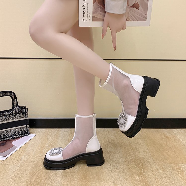 Thin Genuine Leather Mesh Thick Bottom Sandal Boots Hollow Breathable Mesh Shoes Product information: Toe bracket shape: square head Color: white, black Sole material: rubber sole Shoe Upper material: PU Size: 35, 36, 37, 38, 39 Style: European and Americ
