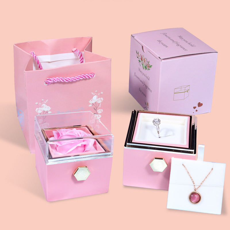Rotating Soap Flower Rose Gift Box Creative Rotating Rose Jewelry Packaging Box Valentine's Day Gift For Women Overview: 1.【Romantic Gifts for Her】Forever rose symbolizes forever love, harmonious family, and loyal friendship. Surprise your loved ones. 2.【