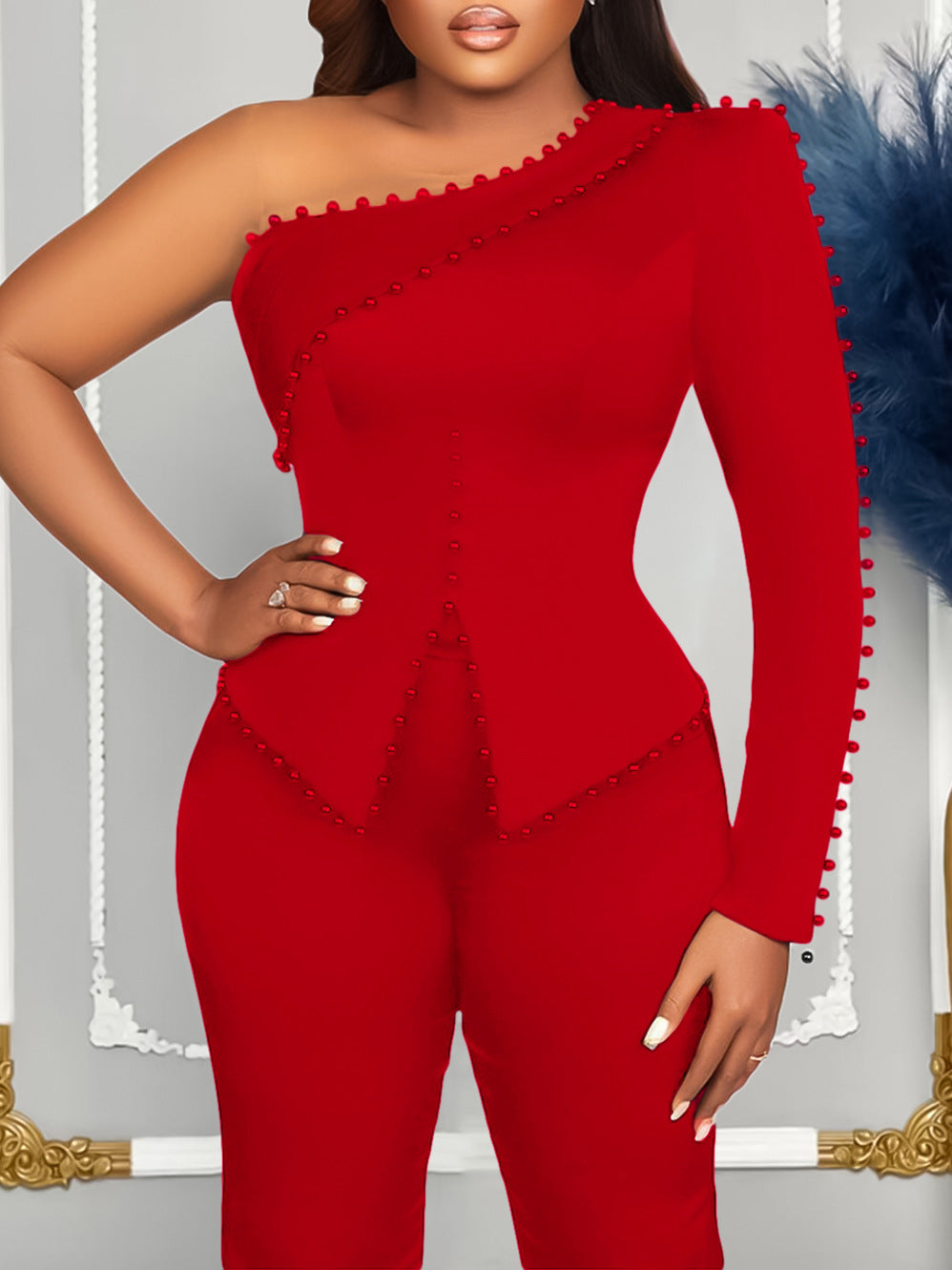 Women's Fashion Temperament Diagonal Shoulder Beaded Ol Two-piece Set Product information: Pattern: solid color Color: black, red, white Size: S,M,L,XL,XXL,XXXL Style type: temperament commute Fabric name: Polyester Applicable Gender: Female Size: Note: 1