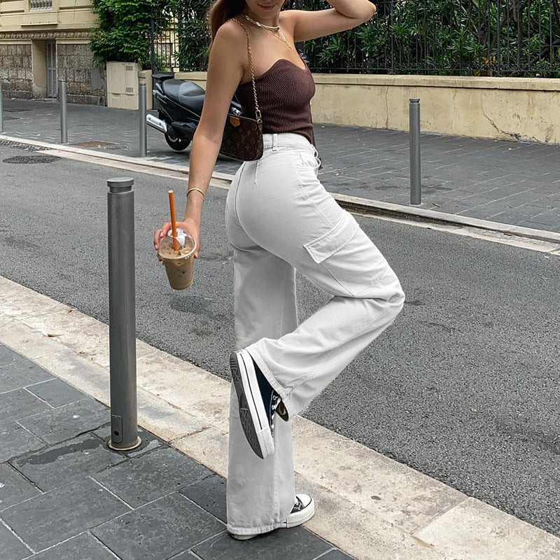 Women's Fashion Straight Jeans In Autumn Product information: Fabric name: cotton Style: overalls Popular element: pocket Color: white, apricot Style: European and American Elasticity: no elasticity Process: composite Size information: Size: S, M, L, XL N