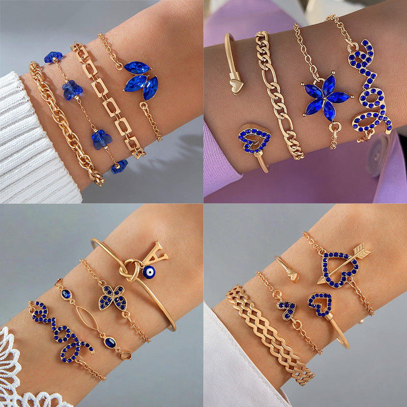 4pcs Blue Flower Love Butterfly Bracelet Set With Rhinestones Design Valentines Day Overview: Unique design, stylish and beautiful. Good material, comfortable wear. A variety of colors, any choice. Product information: Material:Alloy Processing: Electropl