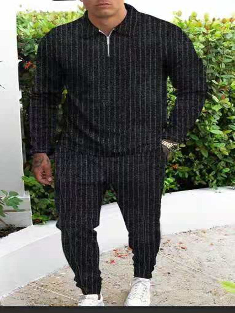 New Slim Trendy Casual Striped Suit Men Product Information: Style: Vintage Thickness: General Length: trousers Top style: T-shirt POLO shirt Top sleeve length: long sleeve Whether hooded: not hooded Fabric name: cotton blended Main fabric composition: po