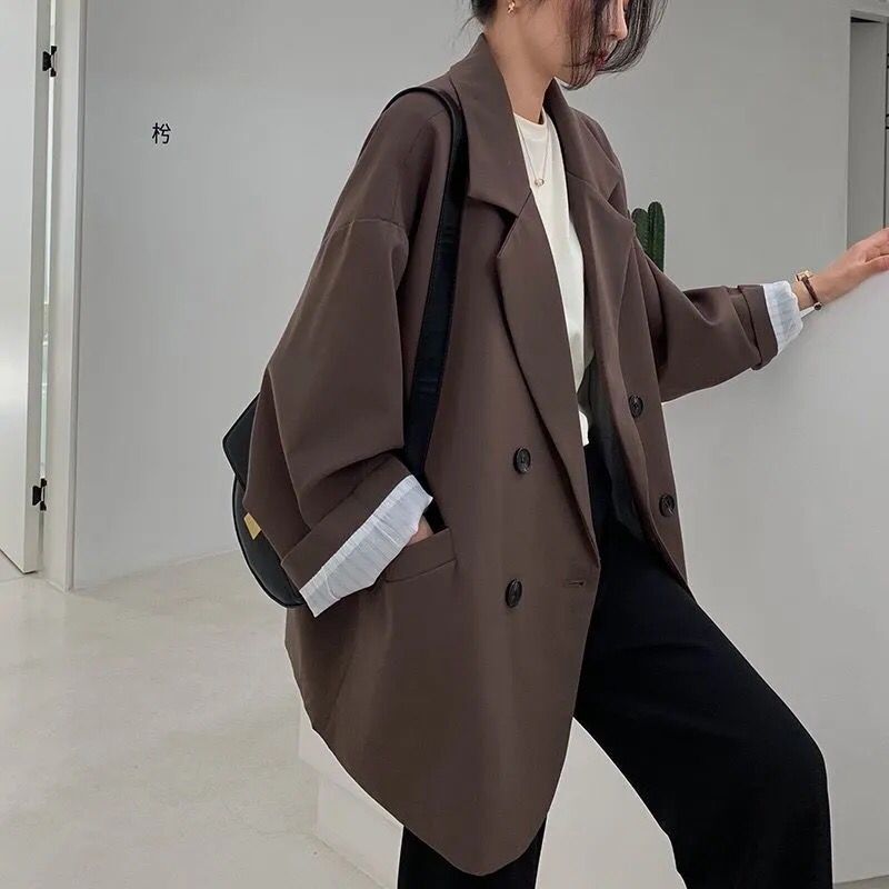 New Women's Coffee Suit Jacket Spring And Autumn Product information: Pattern: solid color Color: Black, coffee color Clothing placket: double breasted Size: S,M,L,XL Style type: temperament commute Lining composition: Polyester Fiber (polyester) Content
