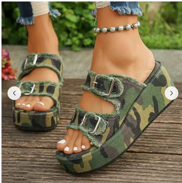 Fashion Denim Buckle Wedges Sandals Summer Outdoor High Heel Slippers Thick Bottom Camouflage Shoes For Women Overview: Unique design, stylish and beautiful. Good material, comfortable wear. A variety of colors, any choice. Product information: Upper mate