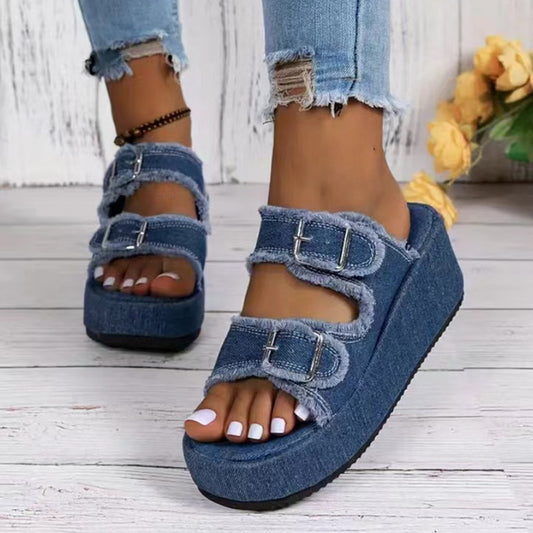 Fashion Denim Buckle Wedges Sandals Summer Outdoor High Heel Slippers Thick Bottom Camouflage Shoes For Women Overview: Unique design, stylish and beautiful. Good material, comfortable wear. A variety of colors, any choice. Product information: Upper mate