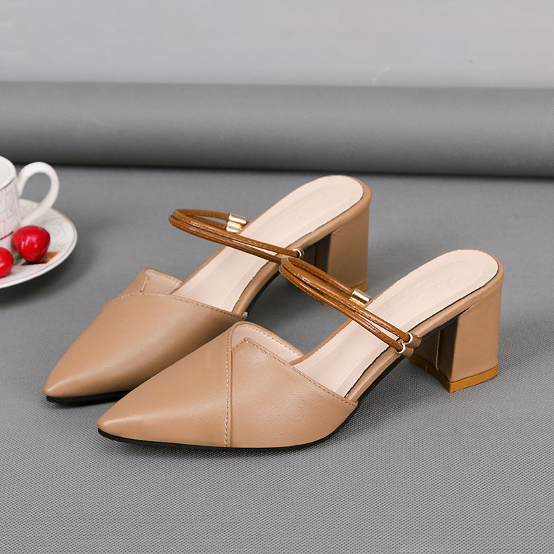 Pointed Toe Two-way Wear With Cool Half Slippers Chunky Heel Sandals Product information: Lining material: PU Color: beige, apricot Upper height: low top Heel height: mid heel (3-5CM) Heel shape: chunky heel Size: 35,36,37,38,39,40,41,42 Sole craft: visco