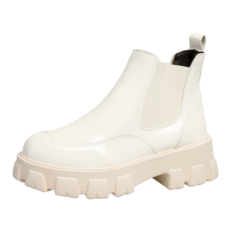 All-match Patent Leather Boots With Wedge Heel Product information Color: black, beige Upper material: canvas Popular elements: color matching Toe shape: round toe Pattern: Color matching Sole material: rubber+MD+TPU Wearing style: elastic band Inside mat