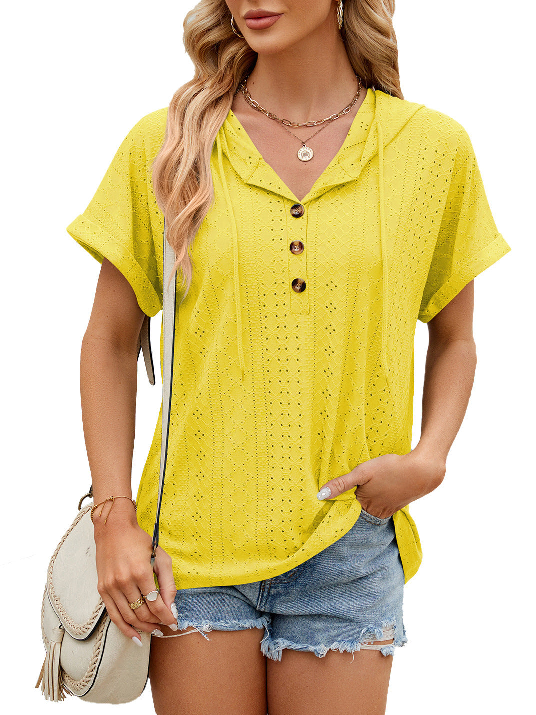 New Solid Color Hooded Button T-shirt Loose Hollow Design Short-sleeved Top For Womens Clothing Product information: Material:Rayon+Polyester+Spandex Style:Fashion Simple Features:Solid color Color:picture color Size Information: Note: 1. Asian sizes are