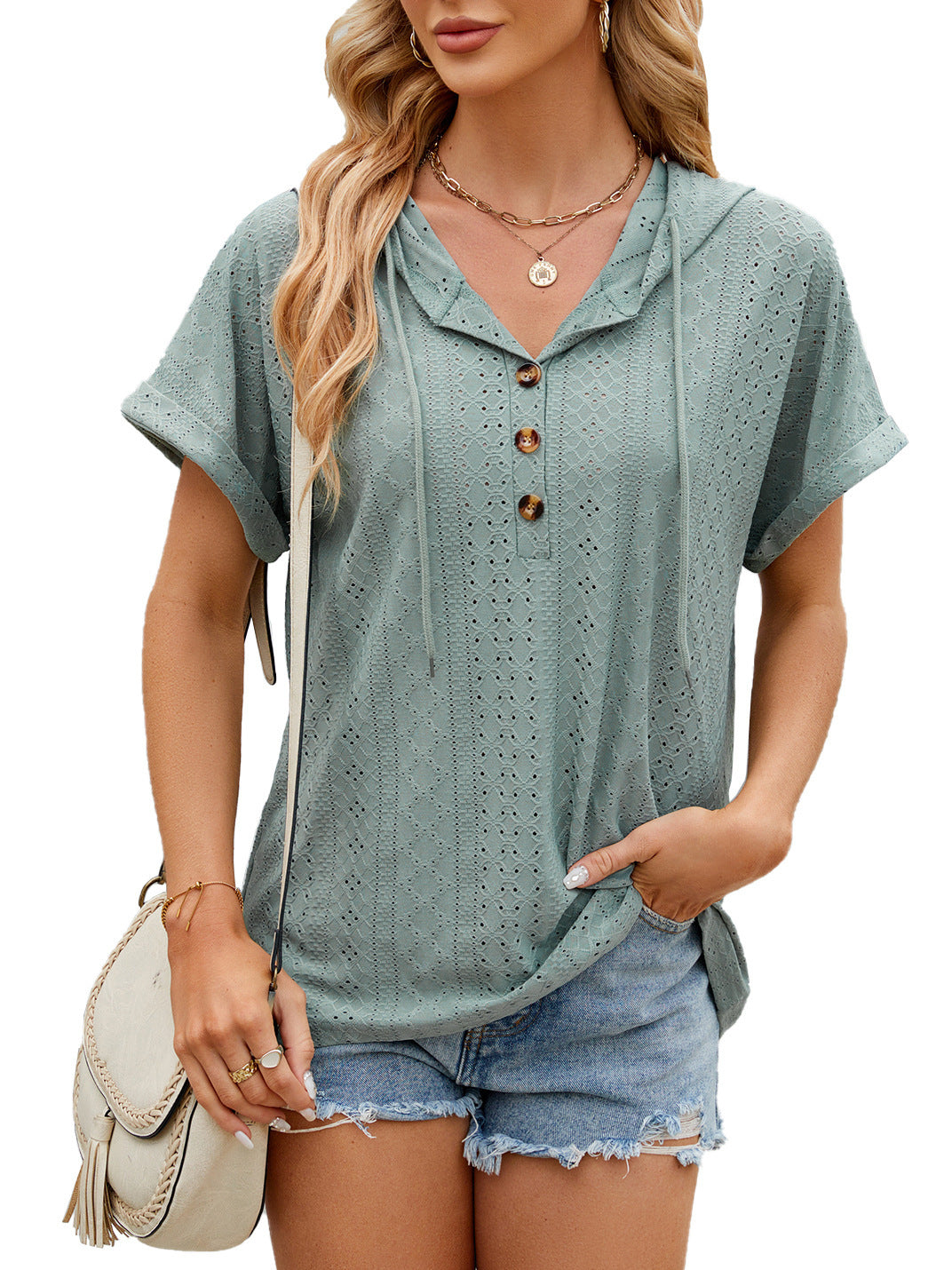 New Solid Color Hooded Button T-shirt Loose Hollow Design Short-sleeved Top For Womens Clothing Product information: Material:Rayon+Polyester+Spandex Style:Fashion Simple Features:Solid color Color:picture color Size Information: Note: 1. Asian sizes are