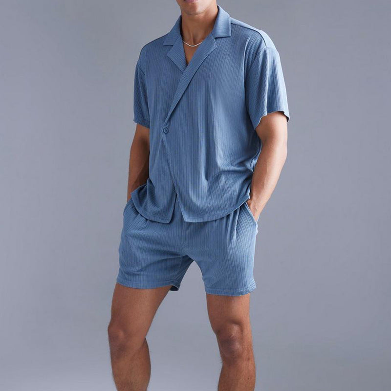 Shirt Shorts Two-piece Set Men's Suit Product information: Color: Sapphire Blue Top sleeve length: short sleeve Pants length: Shorts Size: S,M,L,XL,XXL,XXXL Main fabric composition: Polyester Fiber (polyester) Size Information: Note: 1. Asian sizes are 1