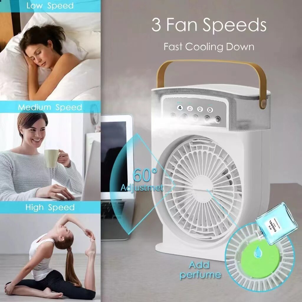 Portable USB Air Conditioner Cooling Fan With 5 Sprays 7 Color Light 600ML Water Tank Spray Mist Air Cooler Humidifiers Overview: 1. Fan And Humidifiers 2. 7 Color Led Lights 3. Leather Handle Design 4. Fan Adjustable Up And Down 5. Removable Water Tank D