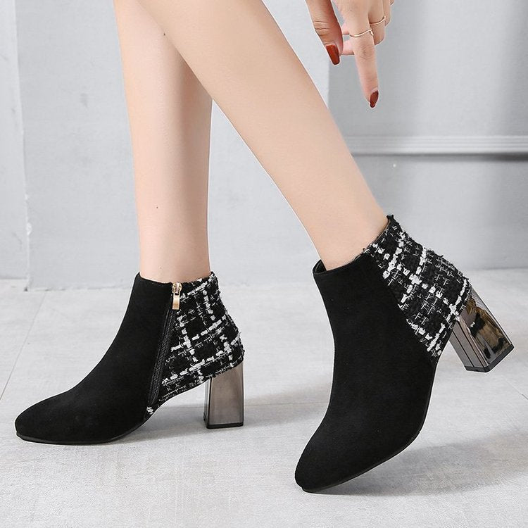 Chunky Heel Ankle High Heels Women's Pointed-toe Boots British Style Short Boots Product information: Color: Black Shoe Upper material: artificial PU Sock length: mid-calf Size: 35,36,37,38,39 Applicable Gender: Female Leather characteristics: PU Popular