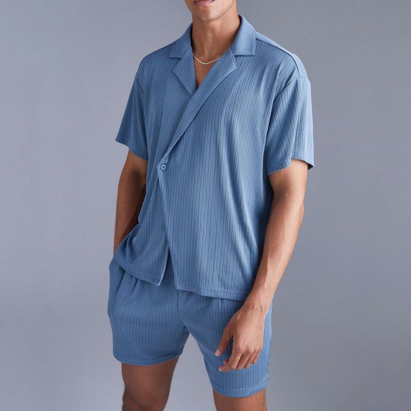 Shirt Shorts Two-piece Set Men's Suit Product information: Color: Sapphire Blue Top sleeve length: short sleeve Pants length: Shorts Size: S,M,L,XL,XXL,XXXL Main fabric composition: Polyester Fiber (polyester) Size Information: Note: 1. Asian sizes are 1