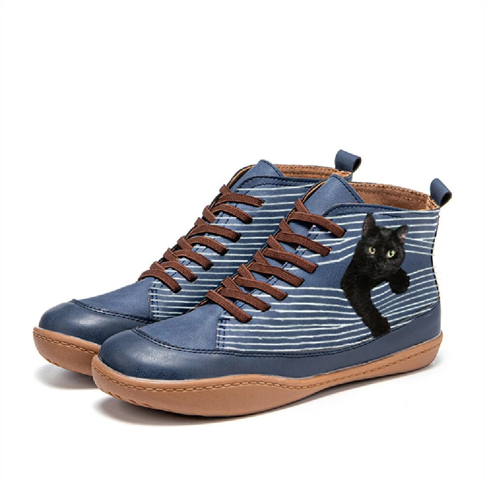 Cat Print Round Toe Ankle Boots Lace Up Casual Flat Shoes Autumn And Winter Fashion Women's Boots Footwear Product information: Function: Anti-slip, warmth, wear-resistant Upper material: artificial PU Sole material: rubber Upper Height: Medium Toe shape: