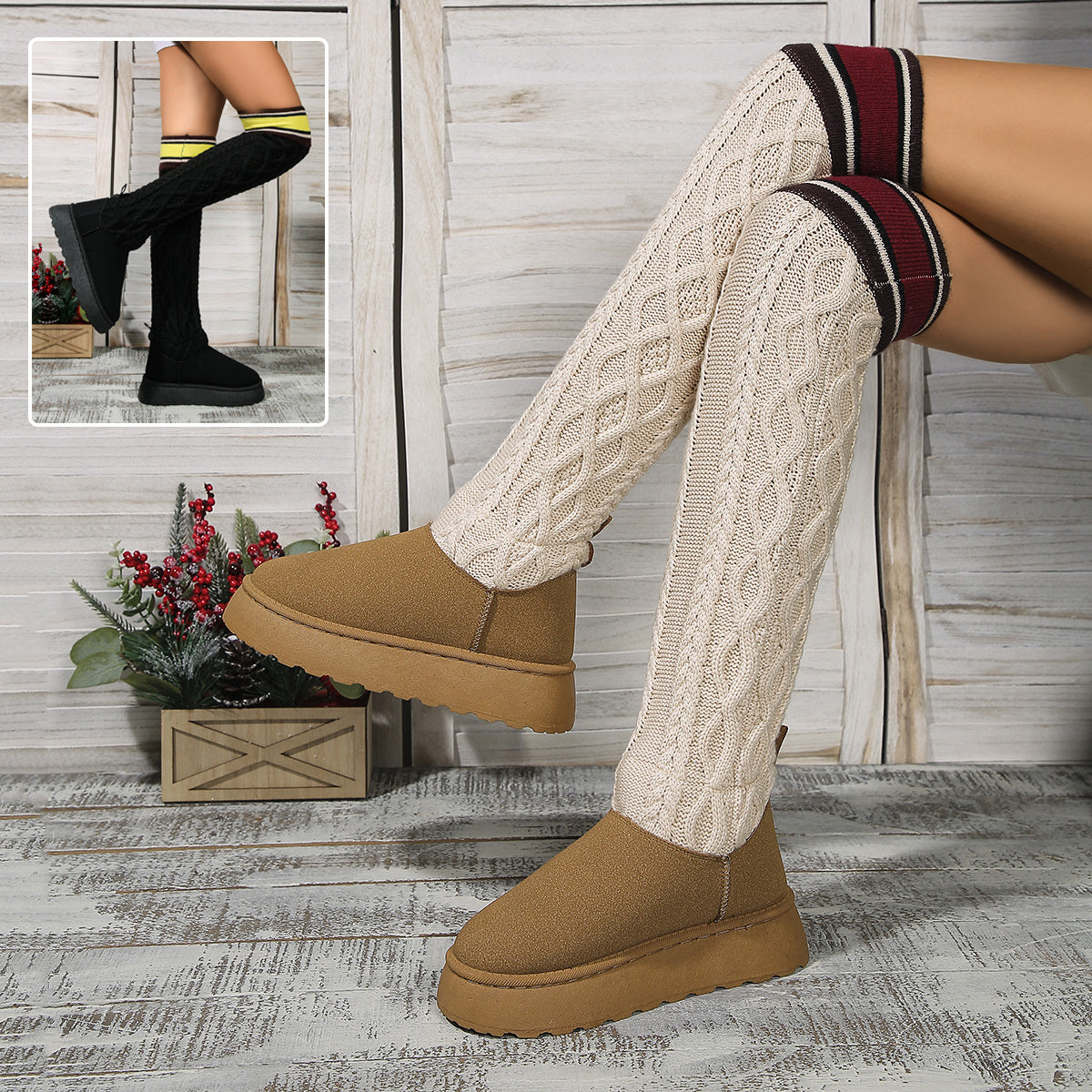 Winter Over-the-knee Boots With Long Knitted Sock Design Fashion Flat Thick-soled Shoes For Women Casual Warm Long Boot Overview: Unique design, stylish and beautiful. Good material, comfortable feet. A variety of colors, any choice. Specification: Shoe u