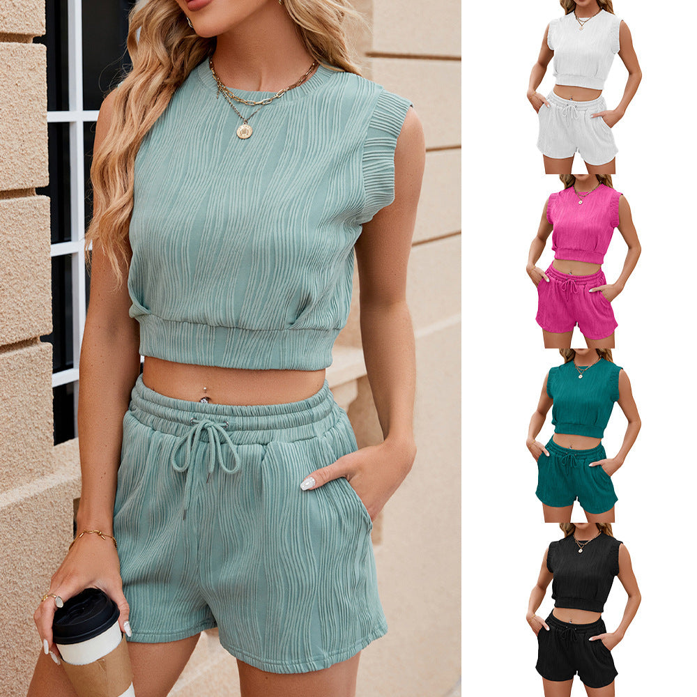 Solid Color Wave Pattern Design Suit For Women Casual Round Neck Sleeveless Top And Drawstring Design Shorts Fashion 2-piece Set Summer Clothing Product information: Material:Polyester fiber Style:Fashion Simple Features:Solid color Color:picture color Si