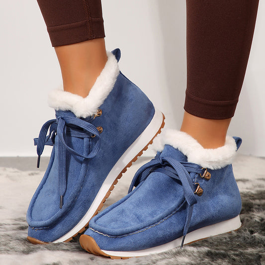 Winter Lace-up Snow Boots Casual Warm Plush Flat Shoes Women's Fleece Ankle Boot Product information: Upper material: suede Sole material: rubber Upper height: Low upper Toe shape: round head Heel shape: wedge Opening depth: middle opening (7-11CM) Style: