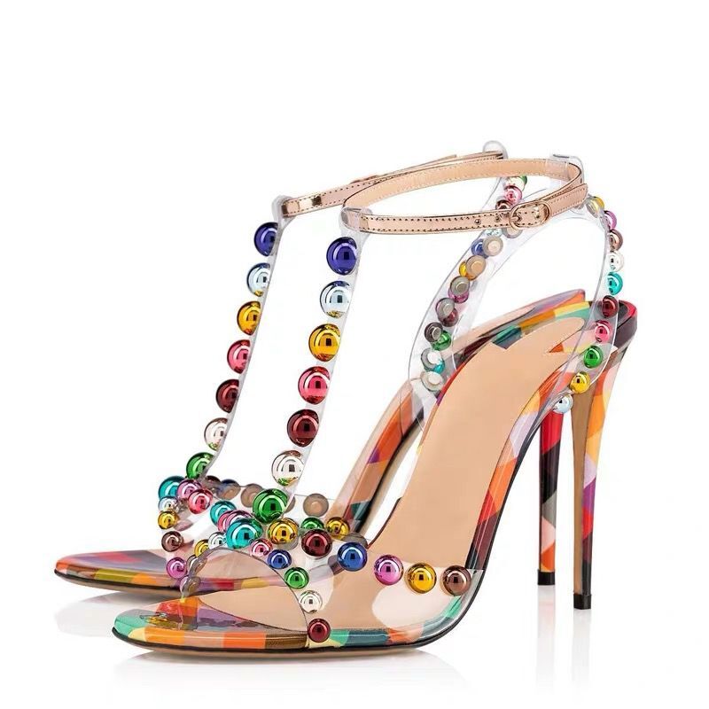 Transparent PVC Colorful Round Beads T-strap Thin High-heeled Sandals Product Information: Closure: one foot stirrup Pattern: color blocking Gang material: resin Style: one-piece buckle belt Color classification: transparent 7 color beads transparent dazz