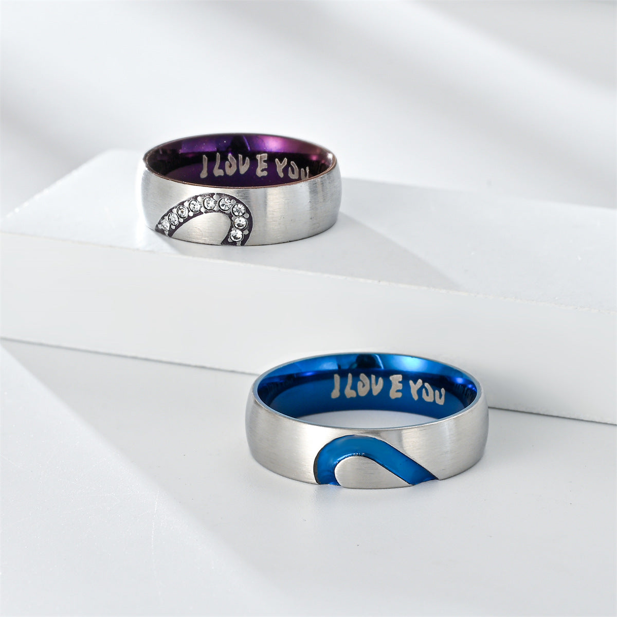 Heart Shape With Diamond Stainless Steel I LOVE YOU Couple Ring Product information: Style: Couple ring Treatment Process: Electroplating Color: blue men's love, purple Women's diamond-embedded Size: no.6, no.7, no.8, no.9, no.10, no.11, no.12 Material: S