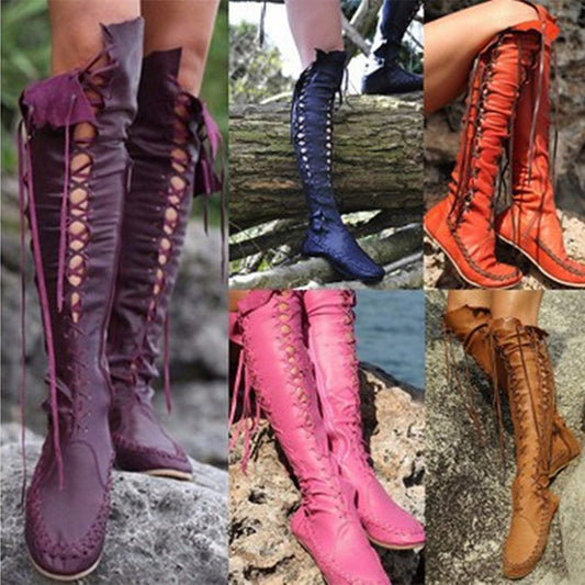 New Autumn And Winter Flat Boots Over The Knee Women's High Boots Product information: Pattern: solid color Color: black, purple, pink, brown, orange Heel height: mid heel (3-5CM) Length of socks: high cylinder Heel shape: Wedge Size: 34,35,36,37,38,39 So