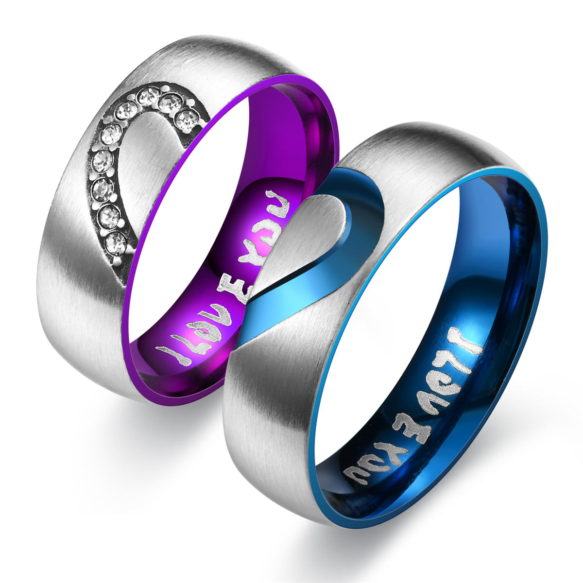 Heart Shape With Diamond Stainless Steel I LOVE YOU Couple Ring Product information: Style: Couple ring Treatment Process: Electroplating Color: blue men's love, purple Women's diamond-embedded Size: no.6, no.7, no.8, no.9, no.10, no.11, no.12 Material: S