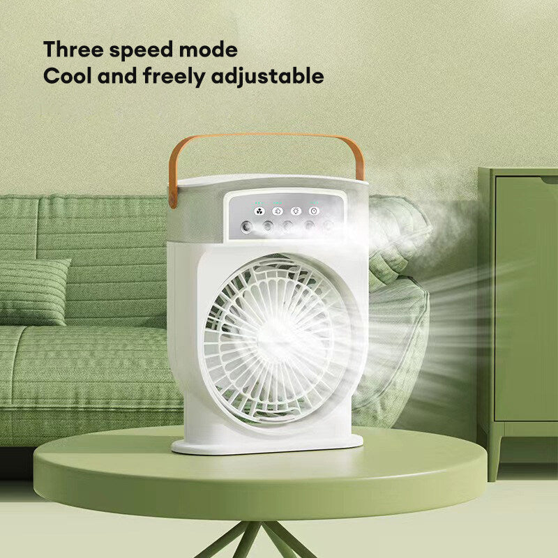Portable USB Air Conditioner Cooling Fan With 5 Sprays 7 Color Light 600ML Water Tank Spray Mist Air Cooler Humidifiers Overview: 1. Fan And Humidifiers 2. 7 Color Led Lights 3. Leather Handle Design 4. Fan Adjustable Up And Down 5. Removable Water Tank D