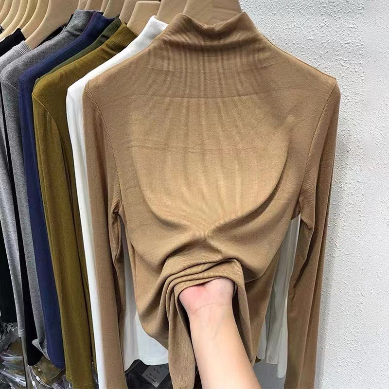 Half Turtleneck Bottoming Shirt Women's Inner Threaded Long Sleeve Cotton Top Product information: Fabric name: Cotton Color: black, green, gray, white, brown, dark yellow, khaki Sleeve type: regular sleeve Elasticity: high elasticity Main fabric composit