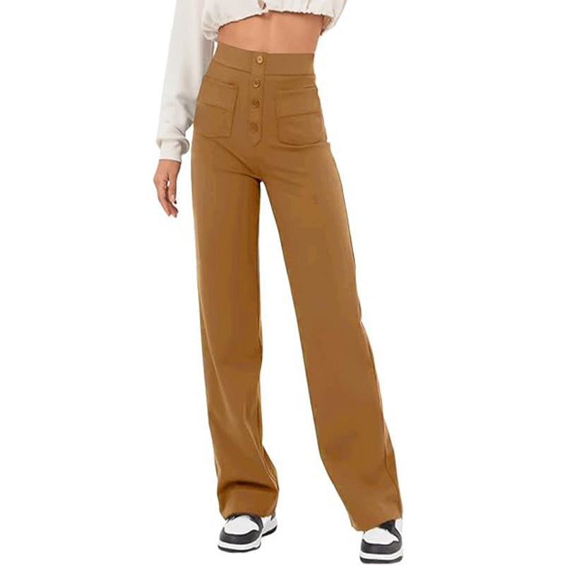High Waist Trousers With Pockets Casual Loose Wide Leg Button Straight Pants Women's Clothing Overview: Unique design, stylish and beautiful. Good material, comfortable wear. A variety of colors, any choice. Product information: Color: black, gray, khaki,