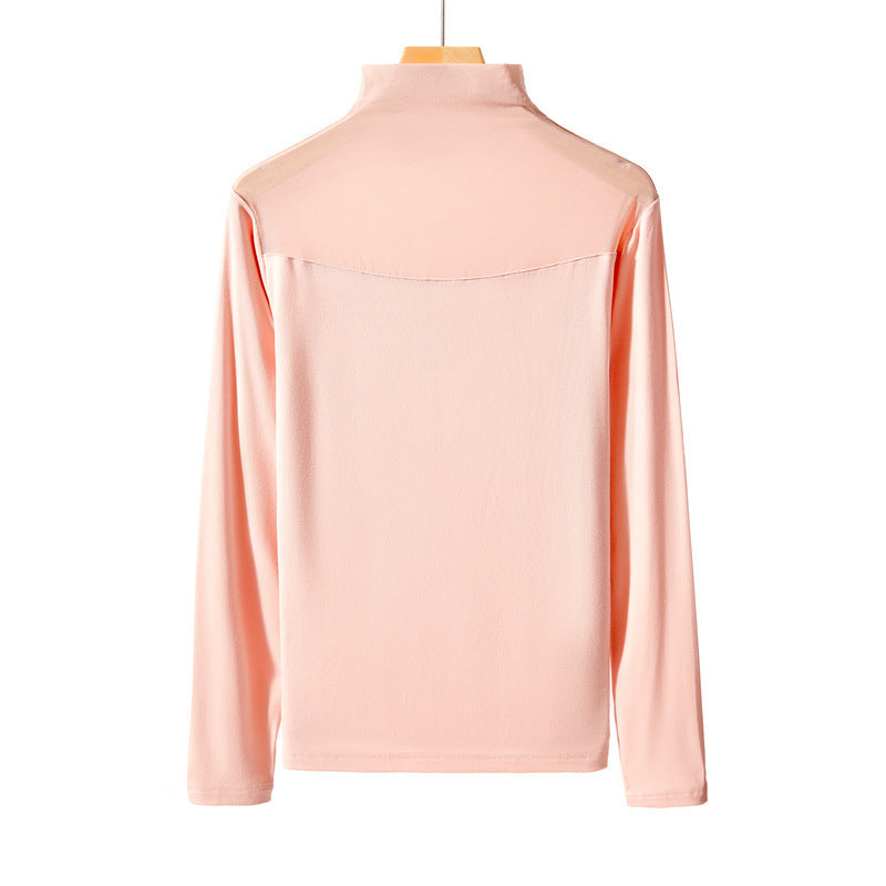 Autumn And Winter Half-high Collar Mesh Thin Transparent T-shirt Lace Top For Women Product information: Fabric name: Regenerated Cellulose fiber Color: pink, khaki, red, white, black Sleeve type: regular sleeve Elastic force: medium elastic Main fabric c
