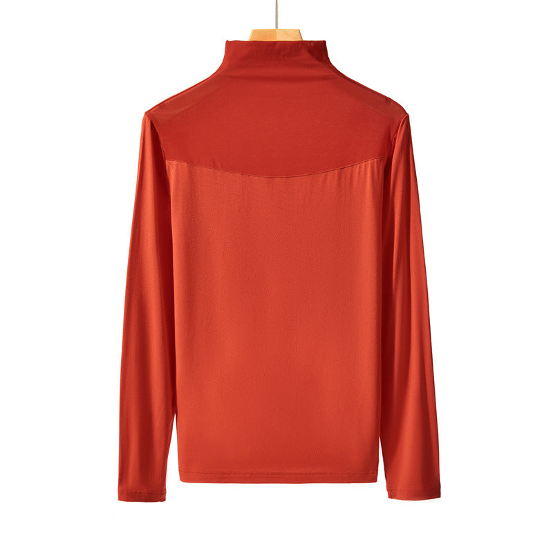 Autumn And Winter Half-high Collar Mesh Thin Transparent T-shirt Lace Top For Women Product information: Fabric name: Regenerated Cellulose fiber Color: pink, khaki, red, white, black Sleeve type: regular sleeve Elastic force: medium elastic Main fabric c