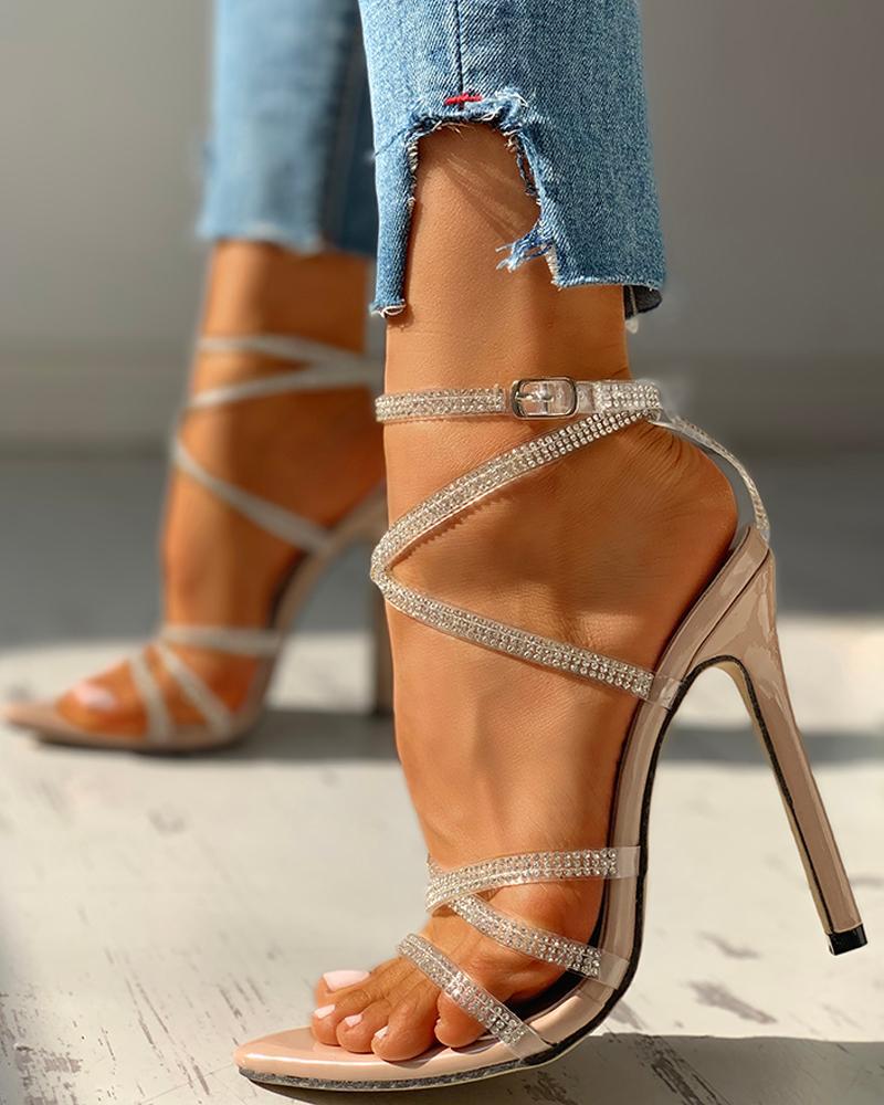 Summer Super High Heel Pointed Toe Rhinestone Buckle Sandals Product information: Lining material: PU Toe bracket shape: Tip Color: black, white, apricot Shoe Upper material: artificial pu Size: 35, 36, 37, 38, 39, 40, 41, 42, 43 Wearing method: Buckle So